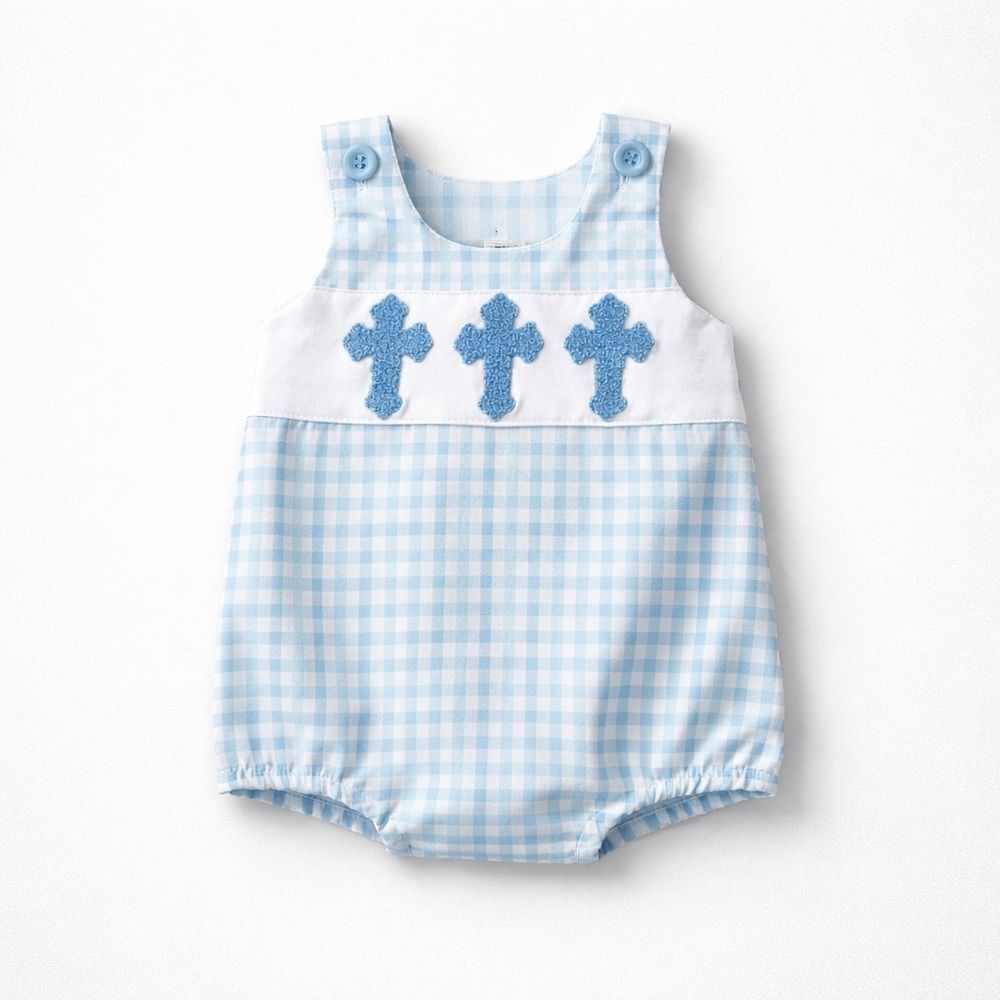 GR Blue and white gingham Cross Embroidered romper Easter NWT